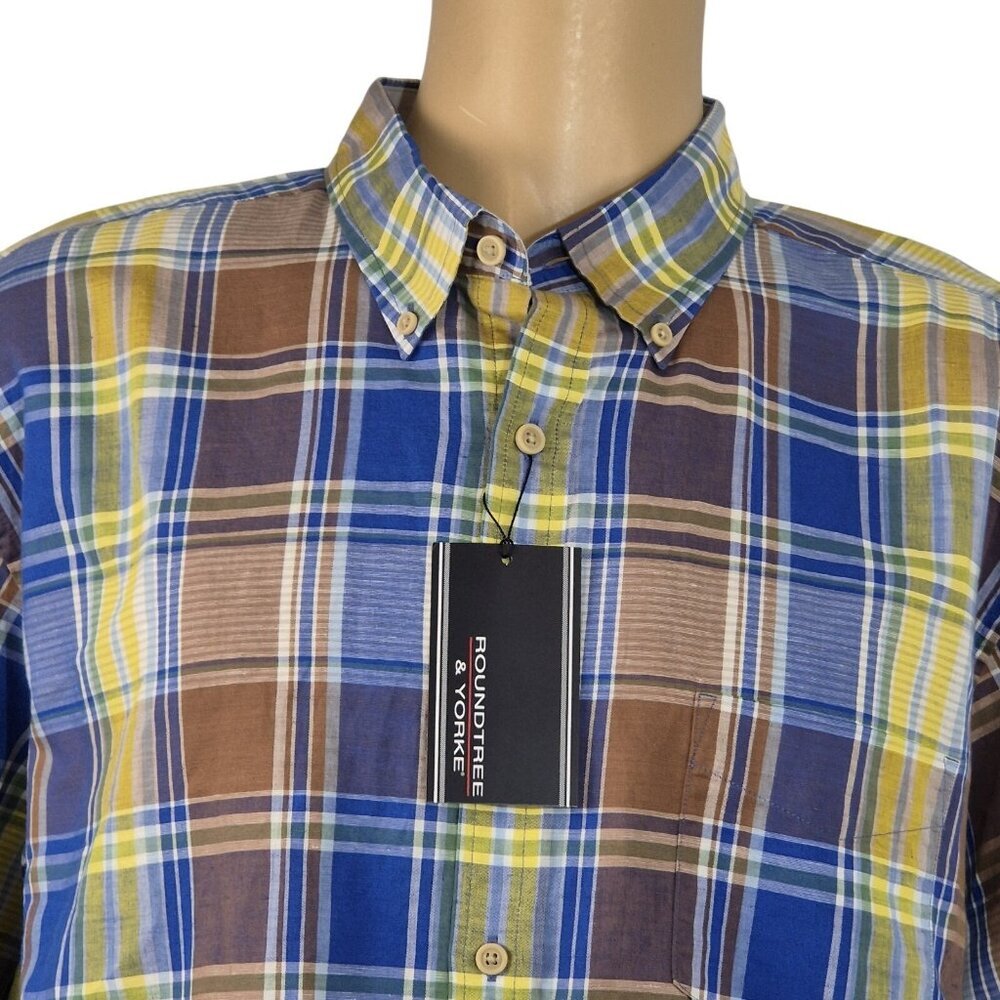 Roundtree Yorke Men's Shirt Size XXL Plaid Short Sleeve Linen Blend Brown (01)